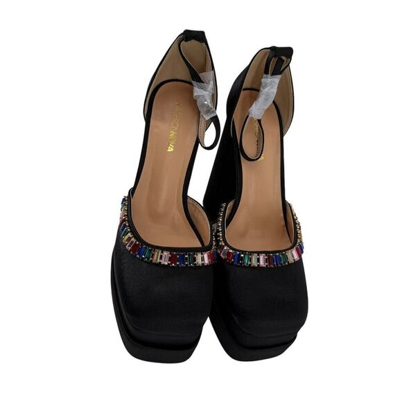 Fashion Nova Aloyse Platform Chunky Heel Rainbow Jeweled Size 8.5 Black Satin - Picture 5 of 11